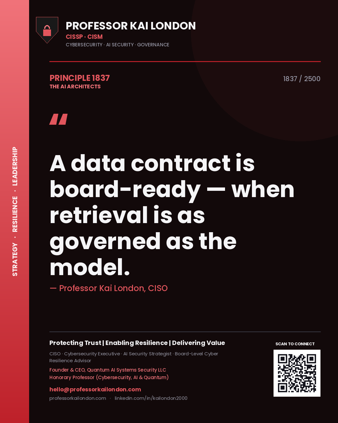 Quote card by Professor Kai London reading 'A data contract is board-ready — when retrieval is as governed as the model.'. From the book The AI Architects.