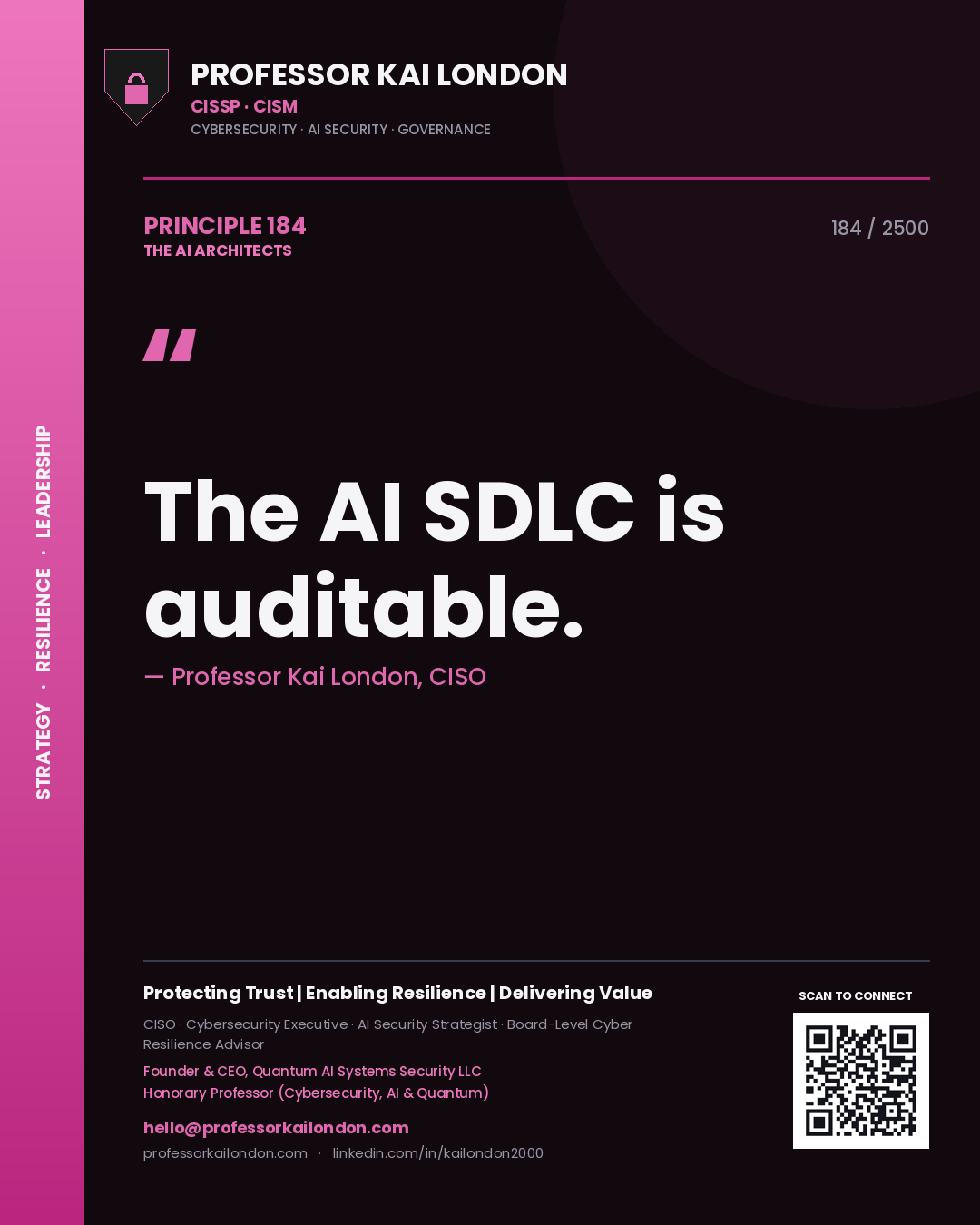 Quote card by Professor Kai London reading 'The AI SDLC is auditable.'. From the book The AI Architects.
