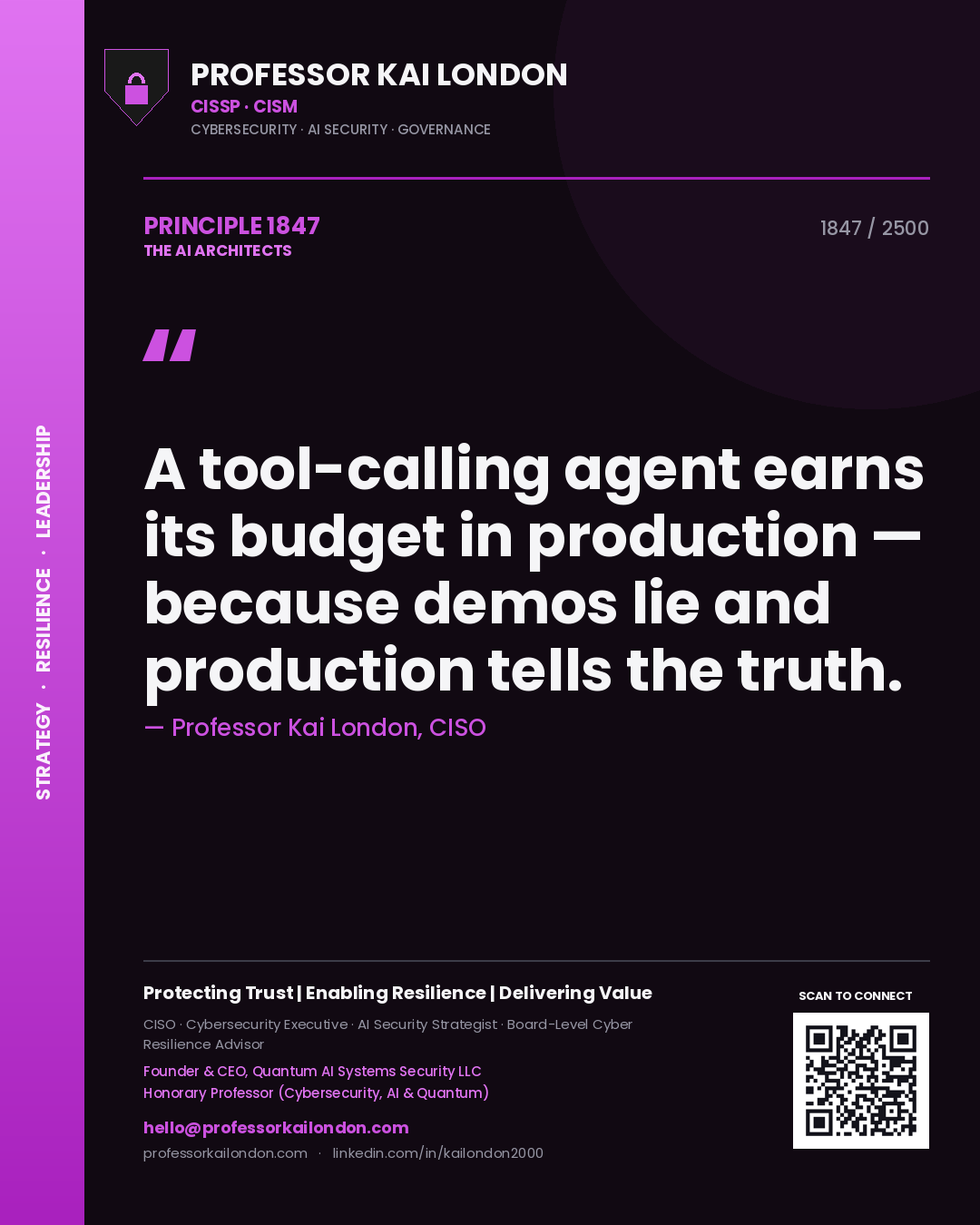 Quote card by Professor Kai London reading 'A tool-calling agent earns its budget in production — because demos lie and production tells the truth.'. From the book The AI Architects.