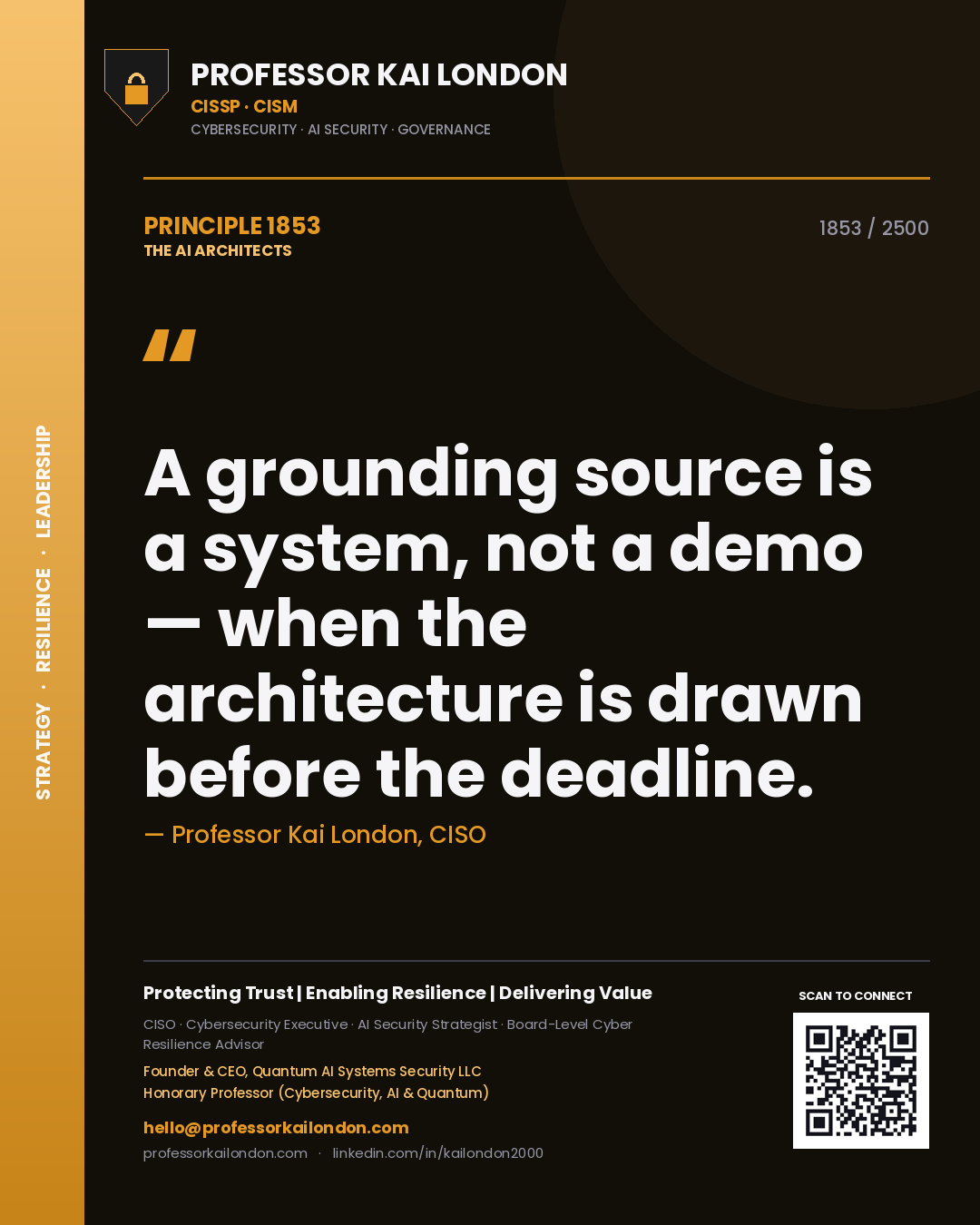 Quote card by Professor Kai London reading 'A grounding source is a system, not a demo — when the architecture is drawn before the deadline.'. From the book The AI Architects.