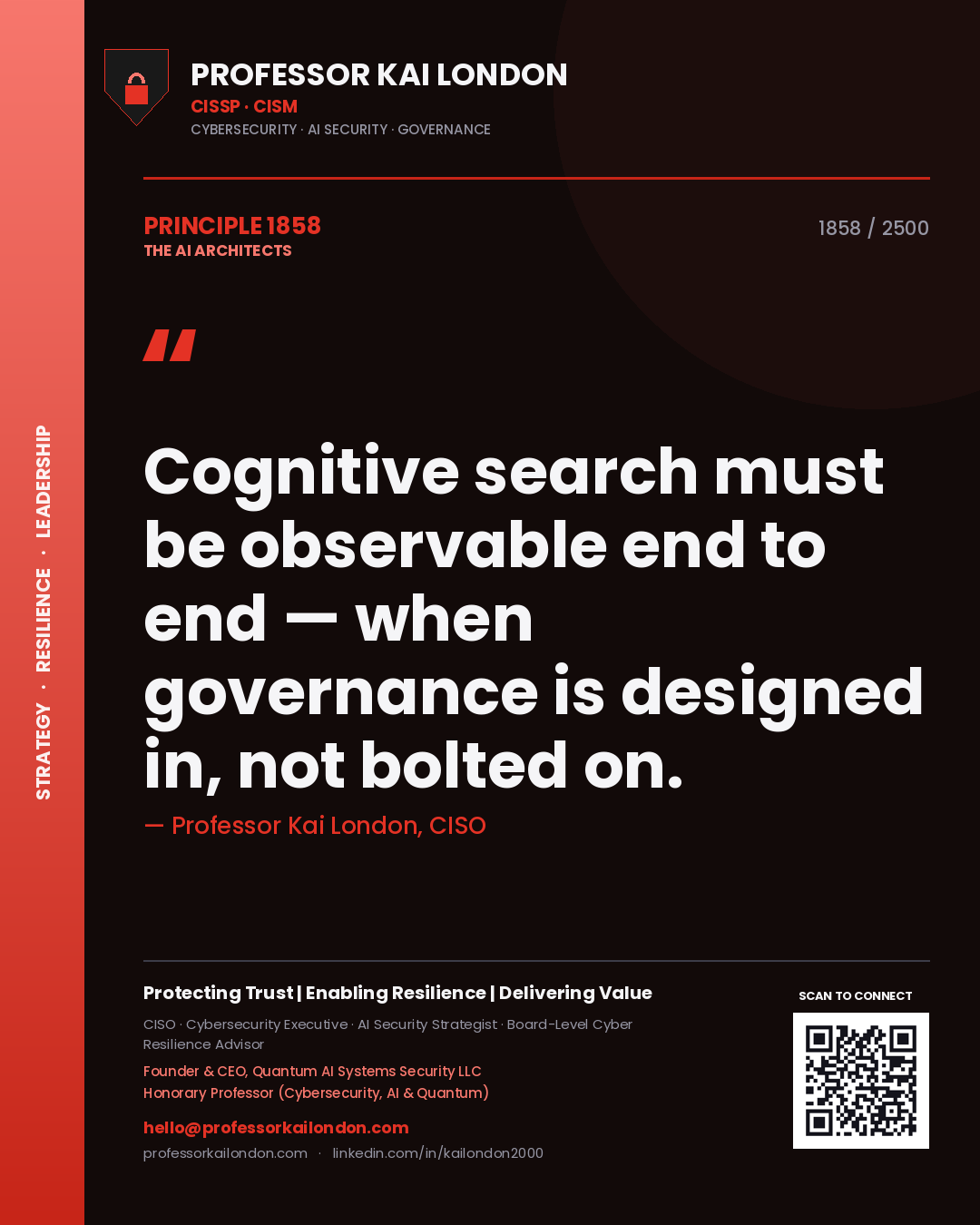 Quote card by Professor Kai London reading 'Cognitive search must be observable end to end — when governance is designed in, not bolted on.'. From the book The AI Architects.