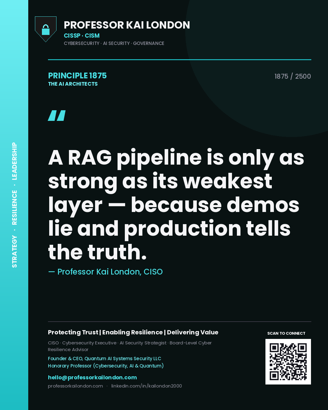 Quote card by Professor Kai London reading 'A RAG pipeline is only as strong as its weakest layer — because demos lie and production tells the truth.'. From the book The AI Architects.
