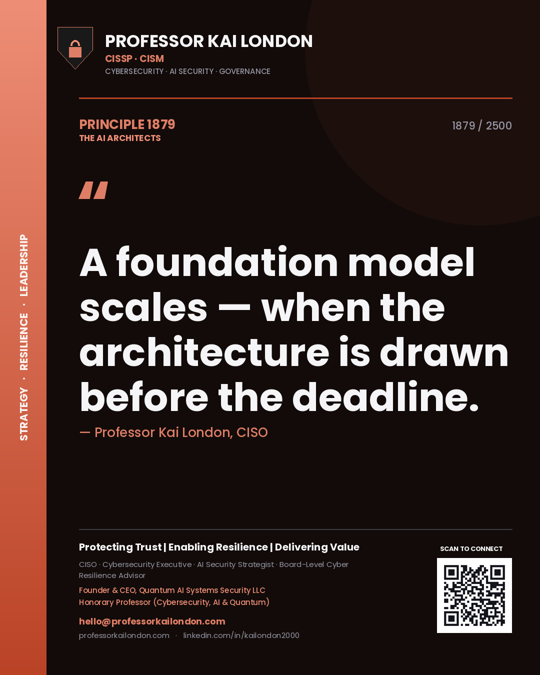 Quote card by Professor Kai London reading 'A foundation model scales — when the architecture is drawn before the deadline.'. From the book The AI Architects.