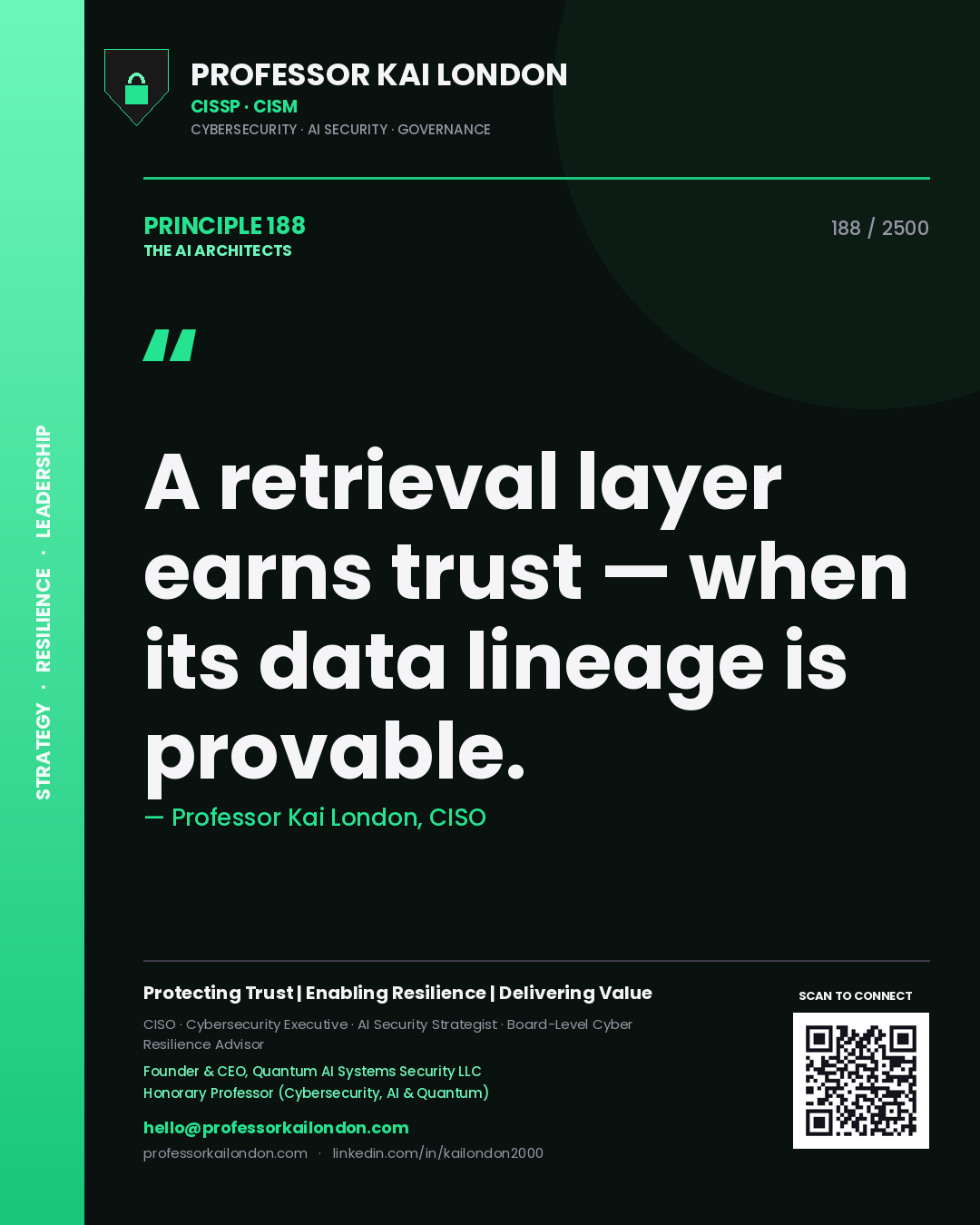 Quote card by Professor Kai London reading 'A retrieval layer earns trust — when its data lineage is provable.'. From the book The AI Architects.