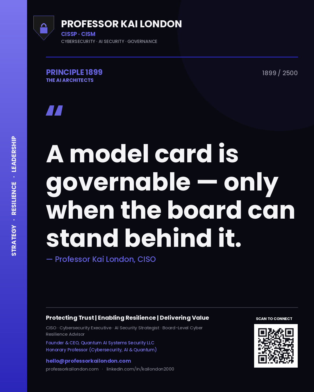 Quote card by Professor Kai London reading 'A model card is governable — only when the board can stand behind it.'. From the book The AI Architects.