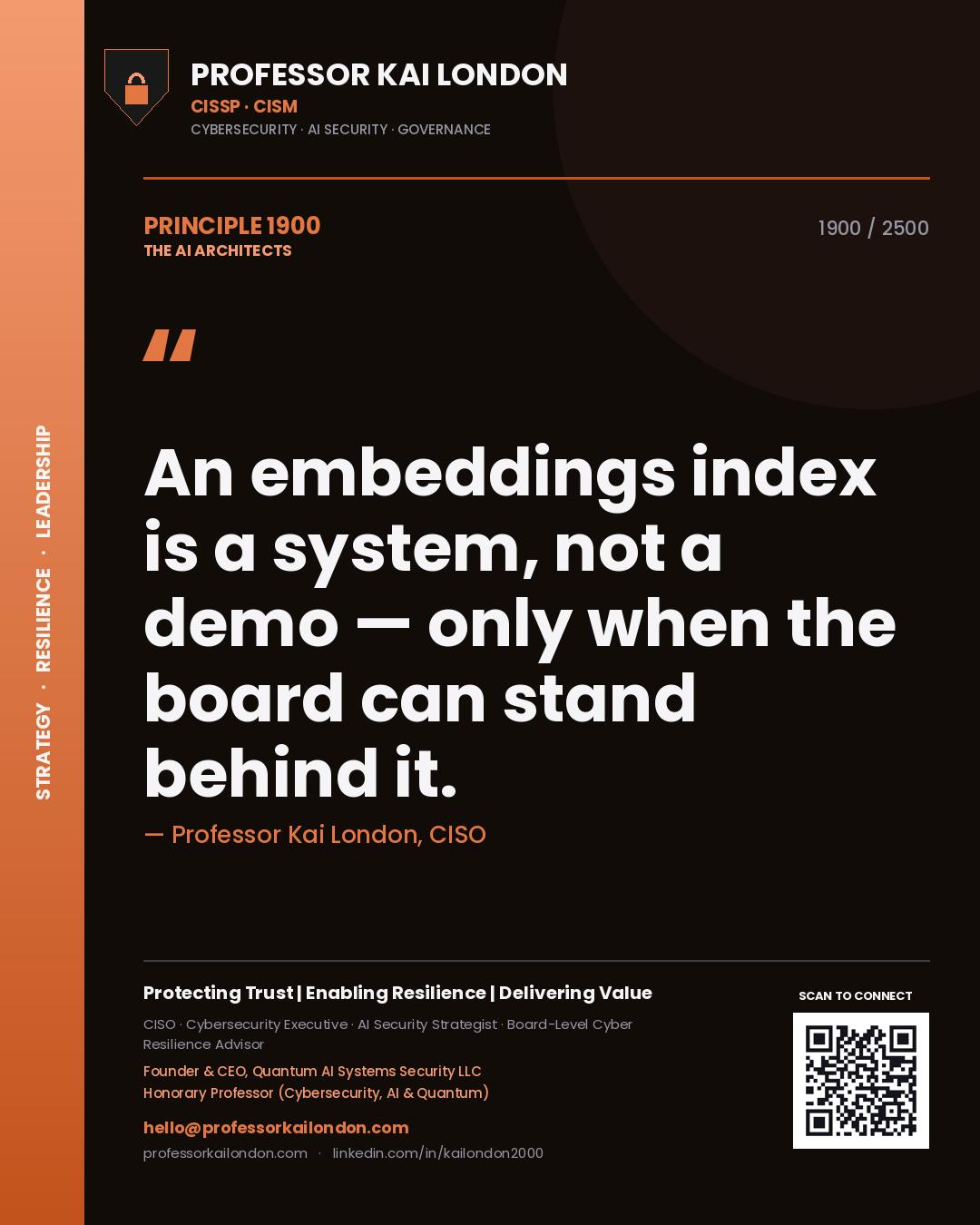 Quote card by Professor Kai London reading 'An embeddings index is a system, not a demo — only when the board can stand behind it.'. From the book The AI Architects.