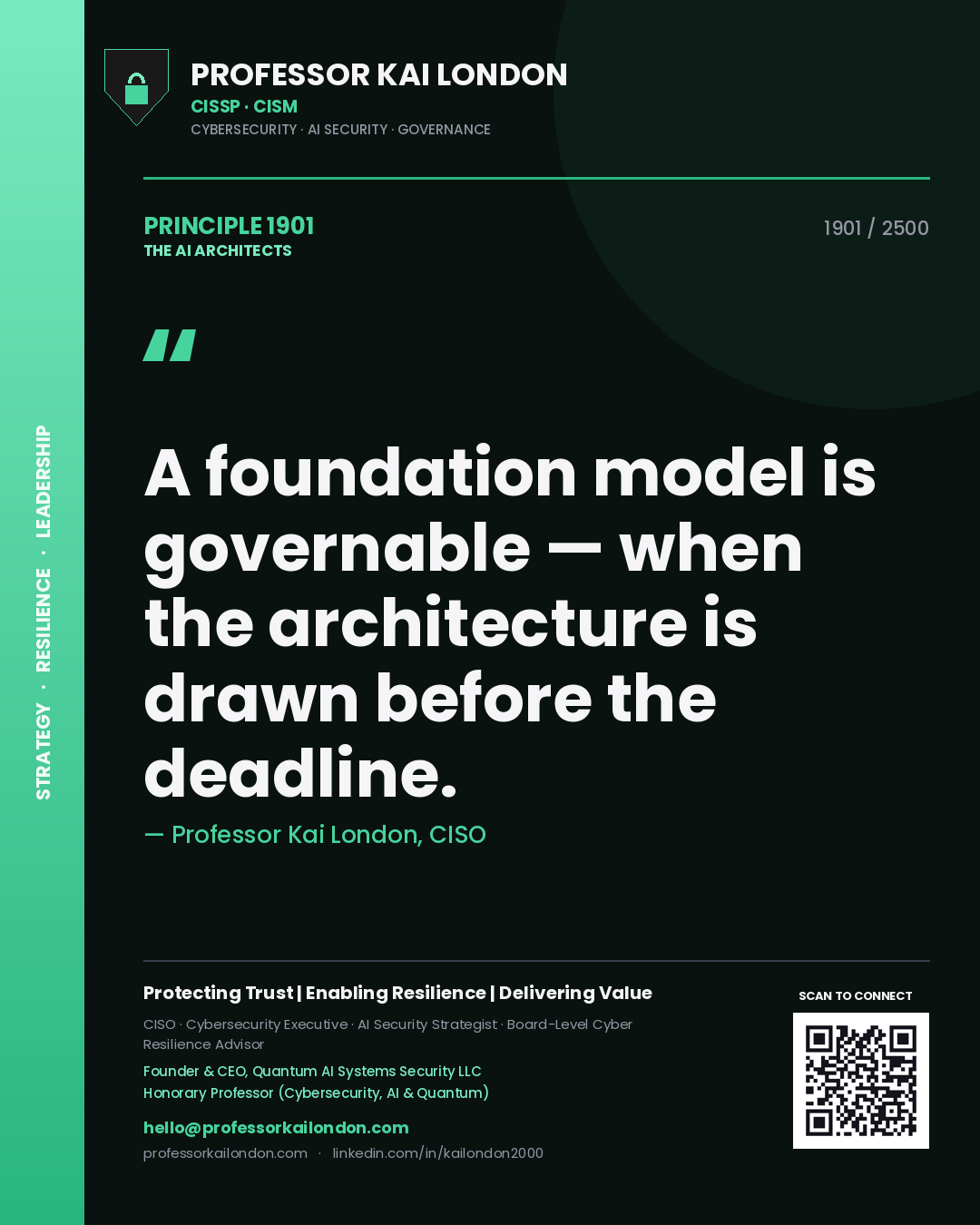 Quote card by Professor Kai London reading 'A foundation model is governable — when the architecture is drawn before the deadline.'. From the book The AI Architects.