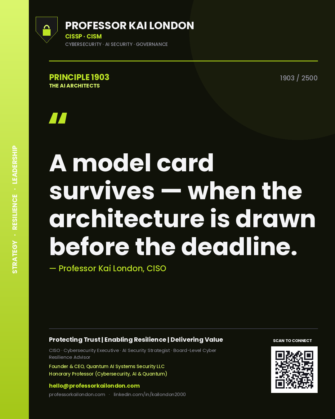 Professor Kai London principle 1903: A model card survives — when the architecture is drawn before the deadline.