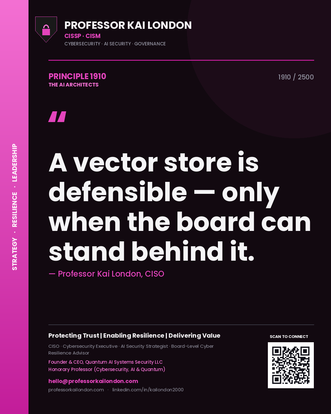Quote card by Professor Kai London reading 'A vector store is defensible — only when the board can stand behind it.'. From the book The AI Architects.