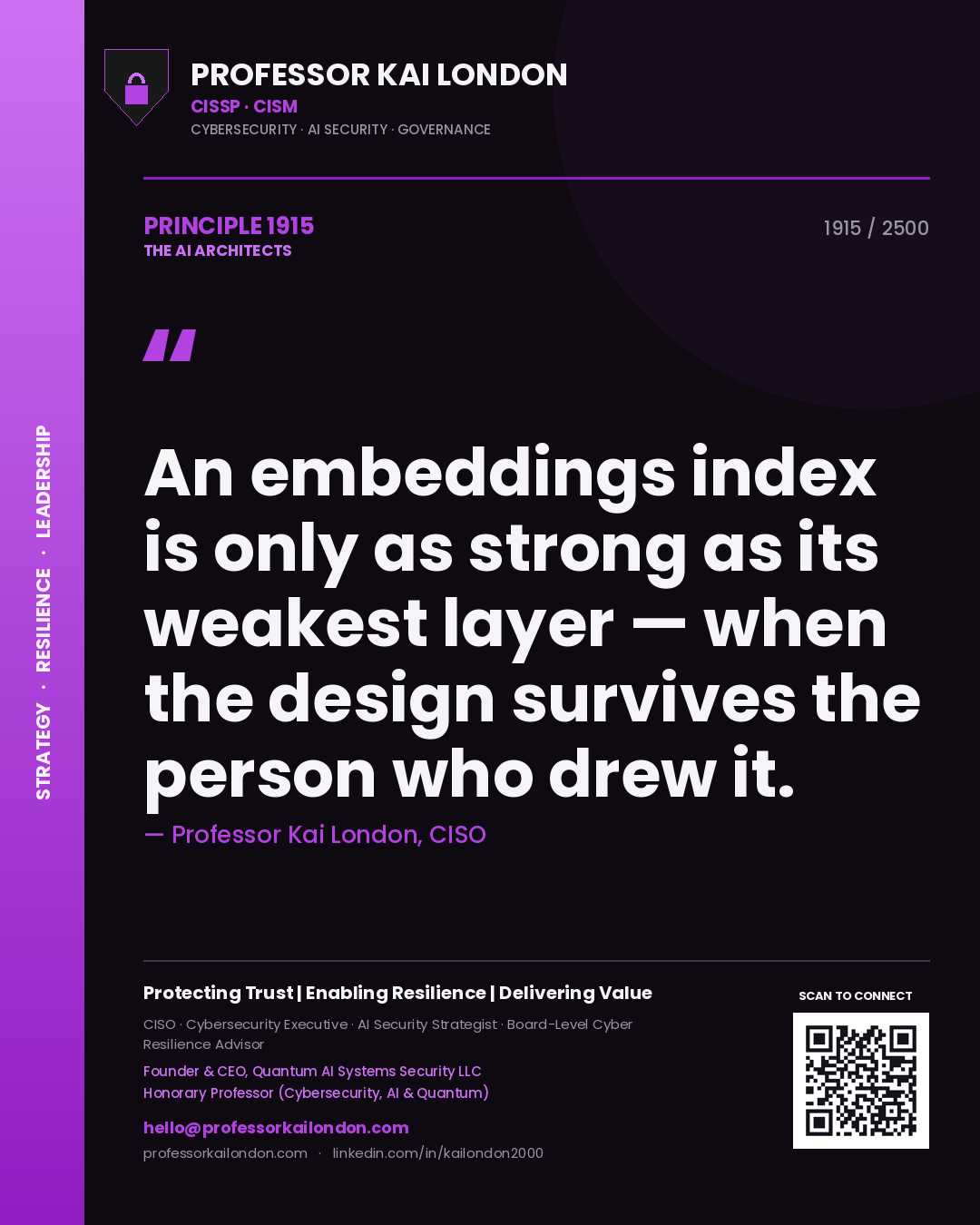Quote card by Professor Kai London reading 'An embeddings index is only as strong as its weakest layer — when the design survives the person who drew it.'. From the book The AI Architects.