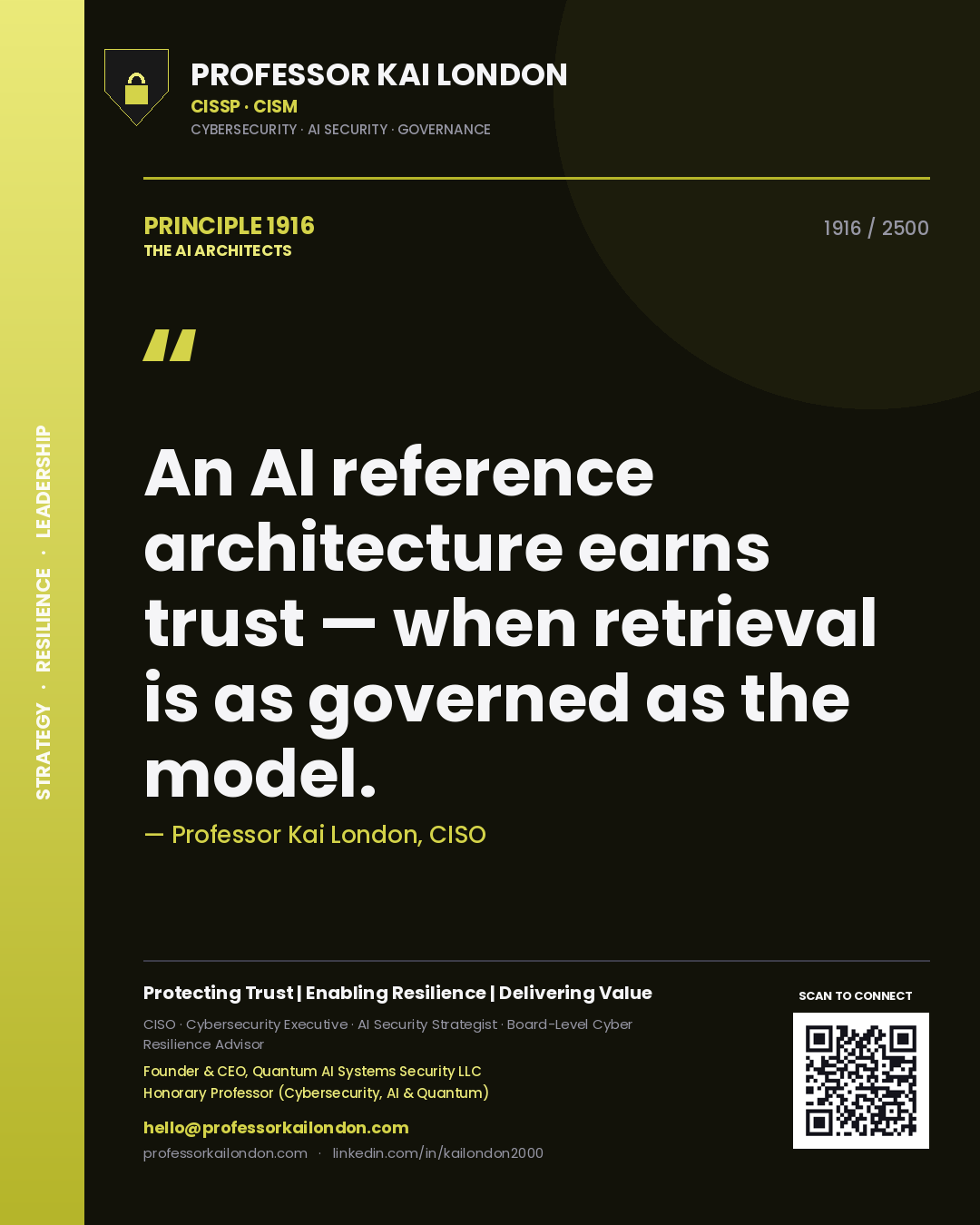 Quote card by Professor Kai London reading 'An AI reference architecture earns trust — when retrieval is as governed as the model.'. From the book The AI Architects.