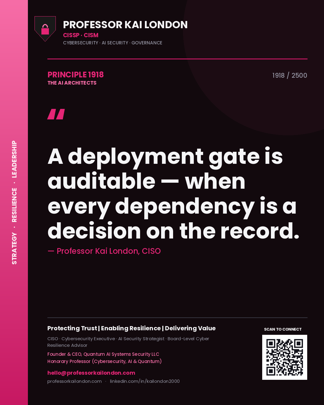 Quote card by Professor Kai London reading 'A deployment gate is auditable — when every dependency is a decision on the record.'. From the book The AI Architects.