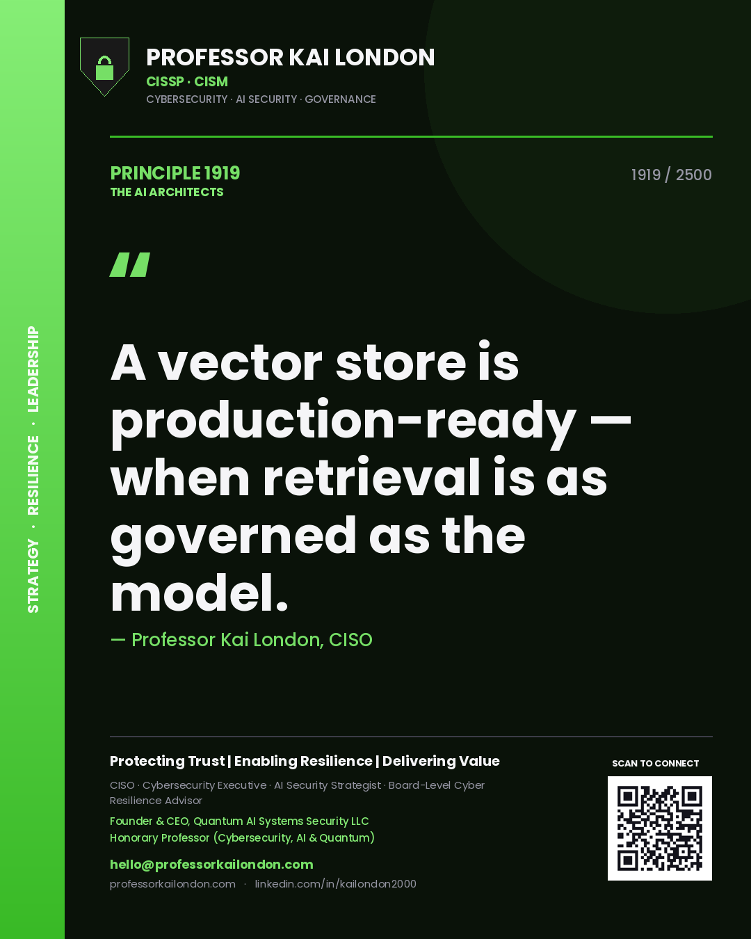 Quote card by Professor Kai London reading 'A vector store is production-ready — when retrieval is as governed as the model.'. From the book The AI Architects.