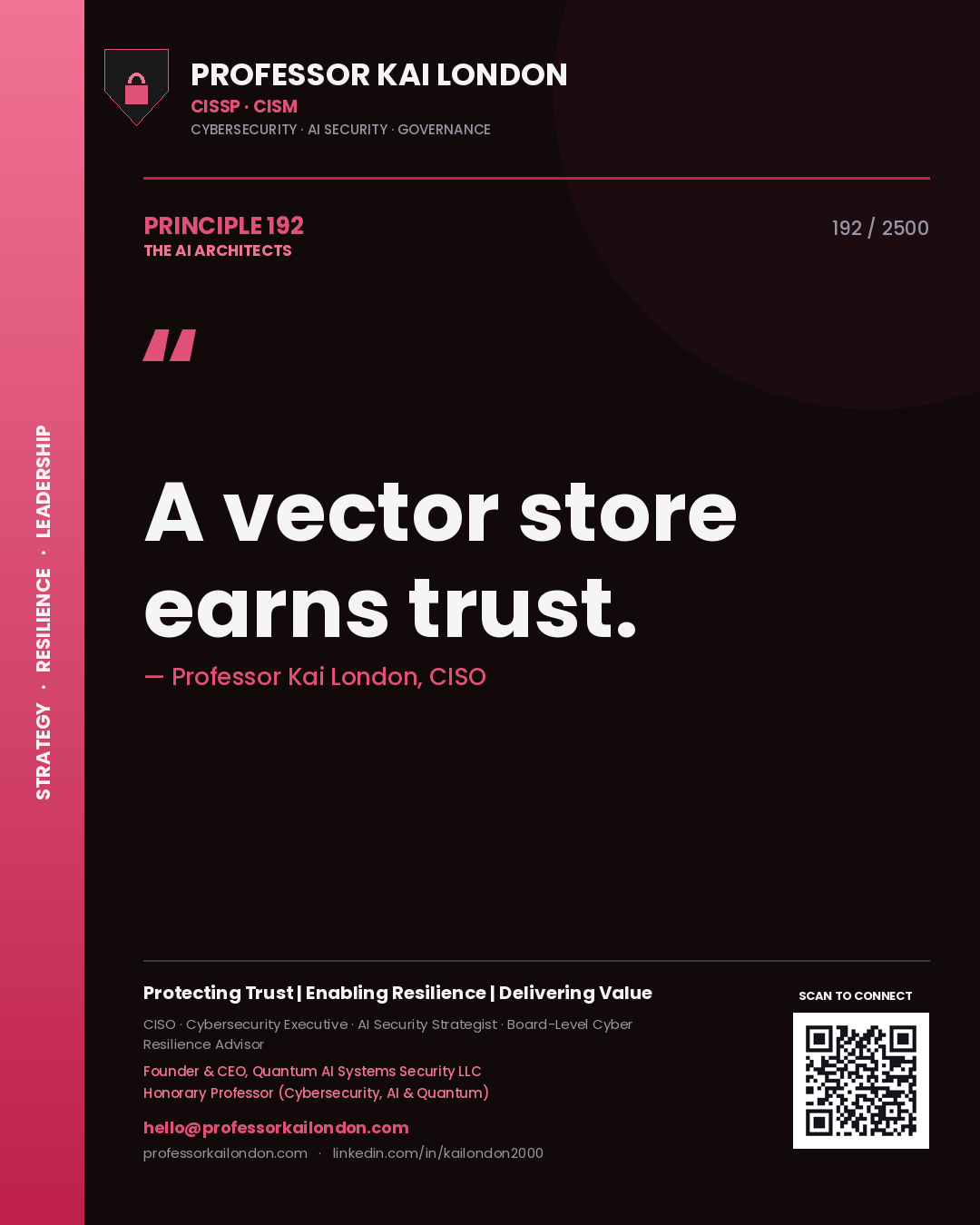Quote card by Professor Kai London reading 'A vector store earns trust.'. From the book The AI Architects.