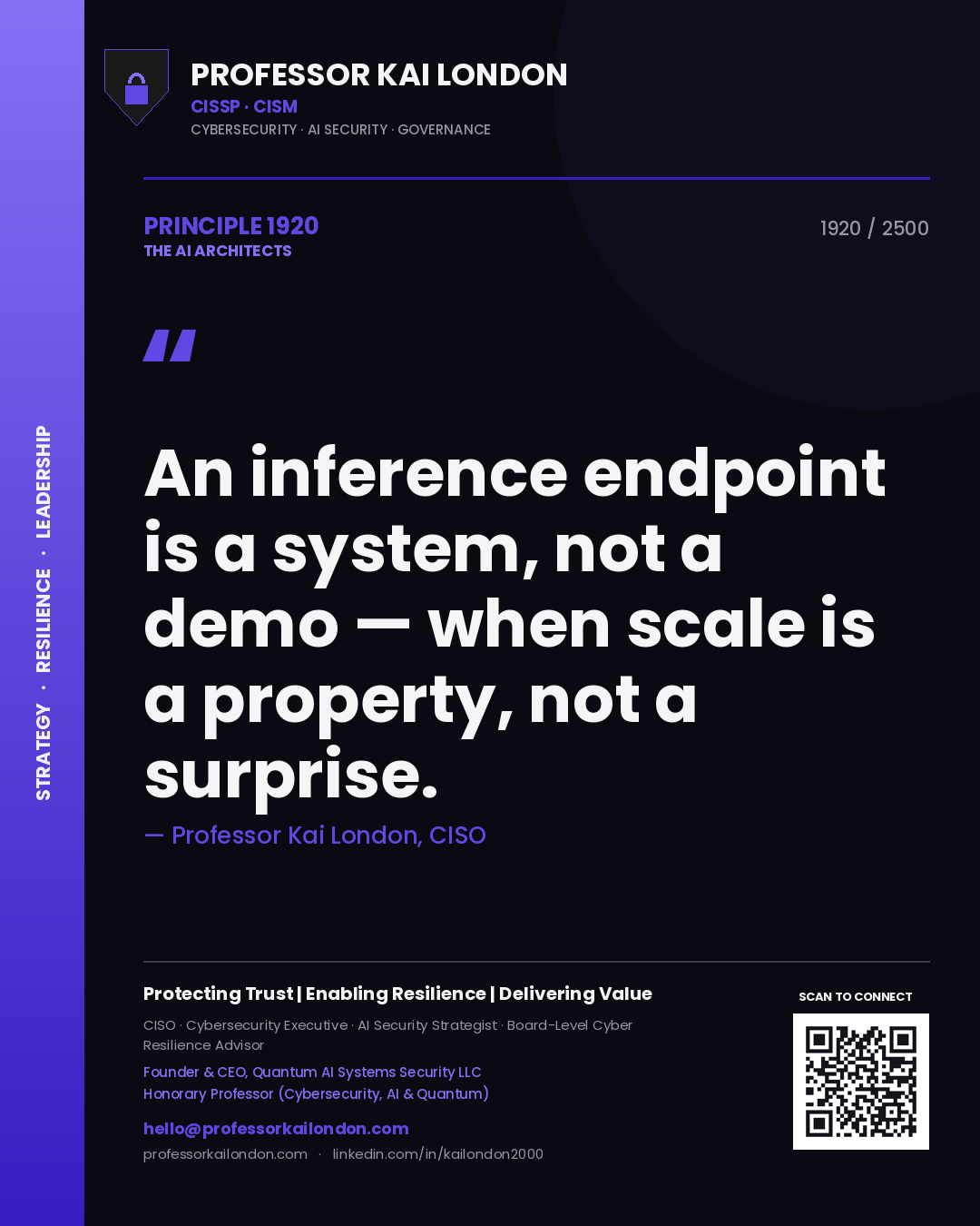 Quote card by Professor Kai London reading 'An inference endpoint is a system, not a demo — when scale is a property, not a surprise.'. From the book The AI Architects.