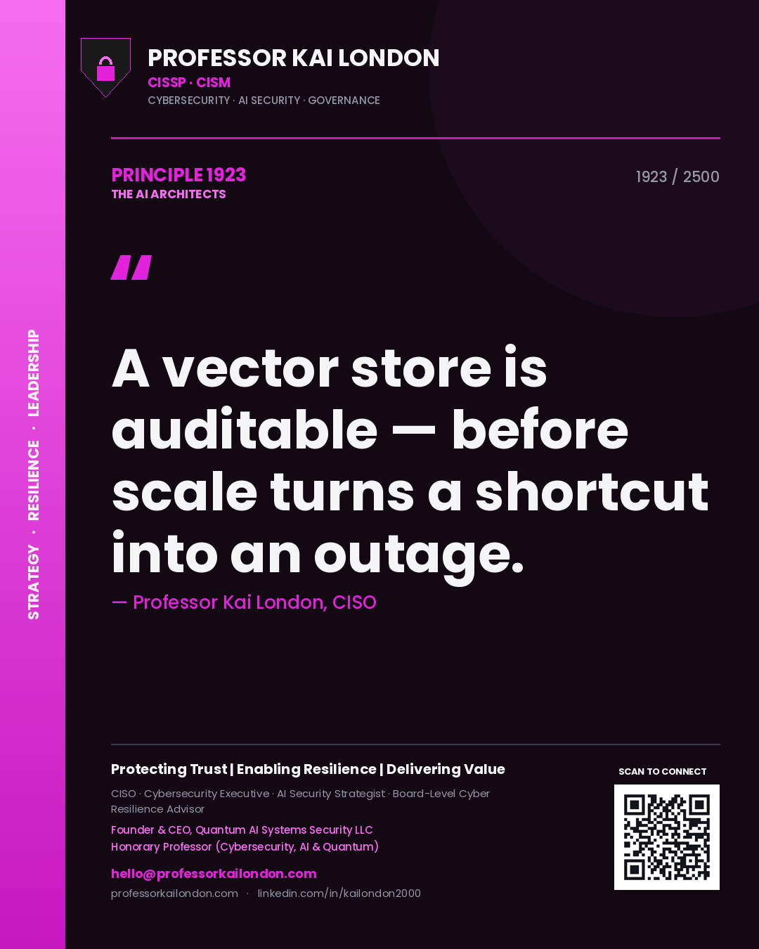 Quote card by Professor Kai London reading 'A vector store is auditable — before scale turns a shortcut into an outage.'. From the book The AI Architects.
