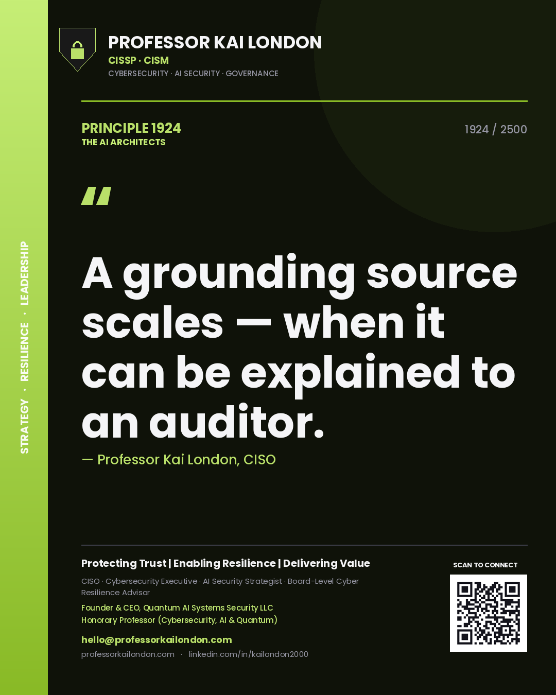 Quote card by Professor Kai London reading 'A grounding source scales — when it can be explained to an auditor.'. From the book The AI Architects.