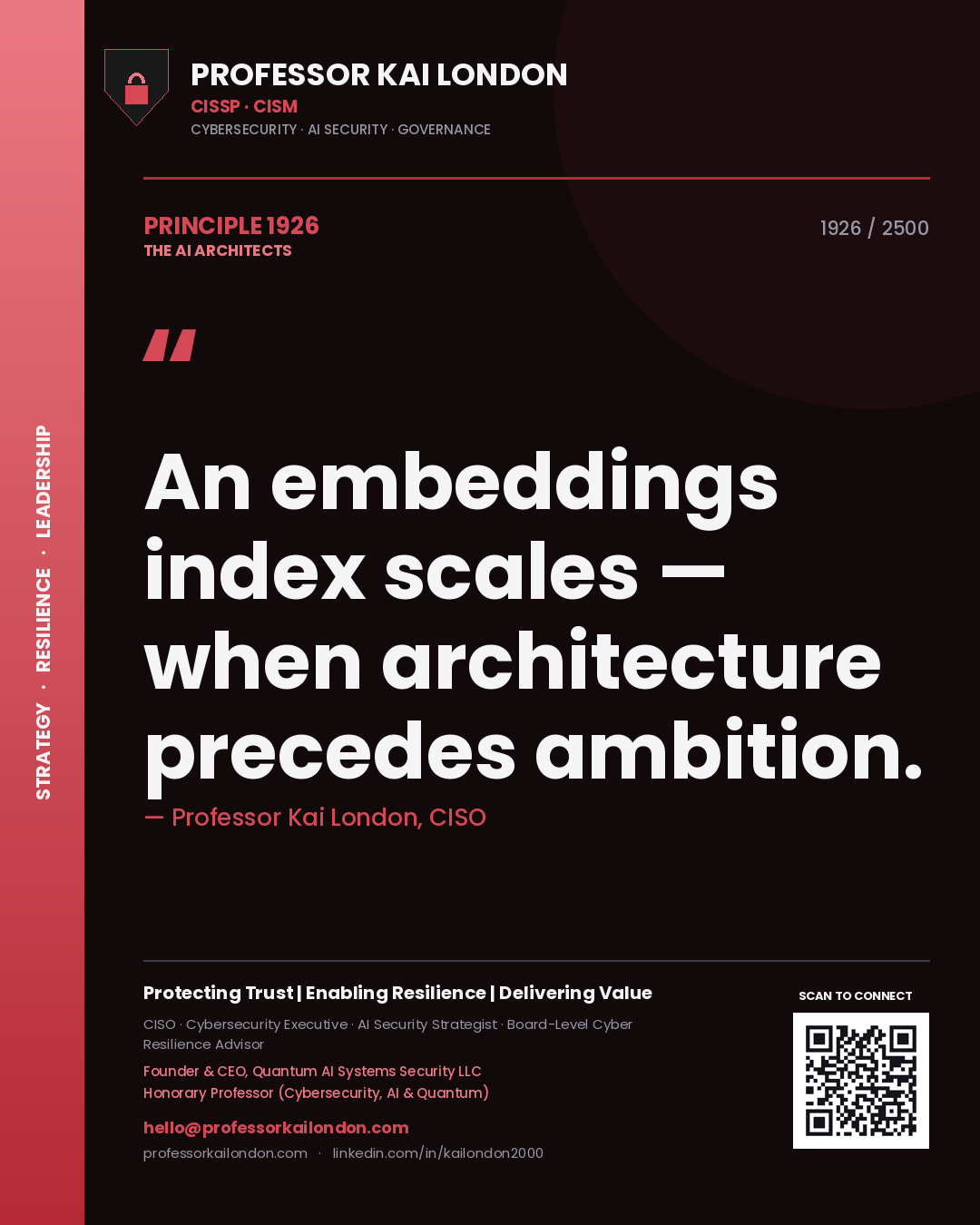 Quote card by Professor Kai London reading 'An embeddings index scales — when architecture precedes ambition.'. From the book The AI Architects.