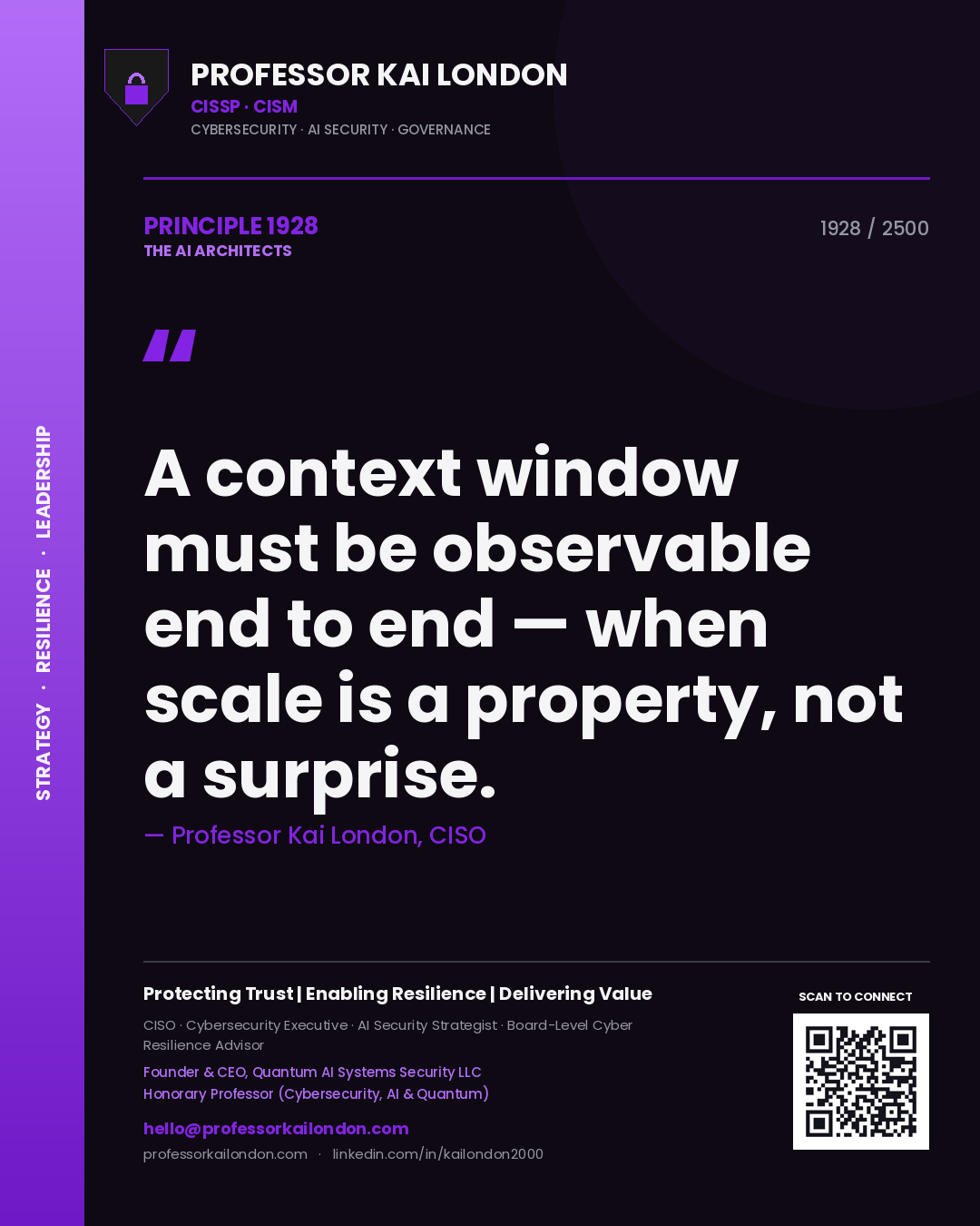 Quote card by Professor Kai London reading 'A context window must be observable end to end — when scale is a property, not a surprise.'. From the book The AI Architects.