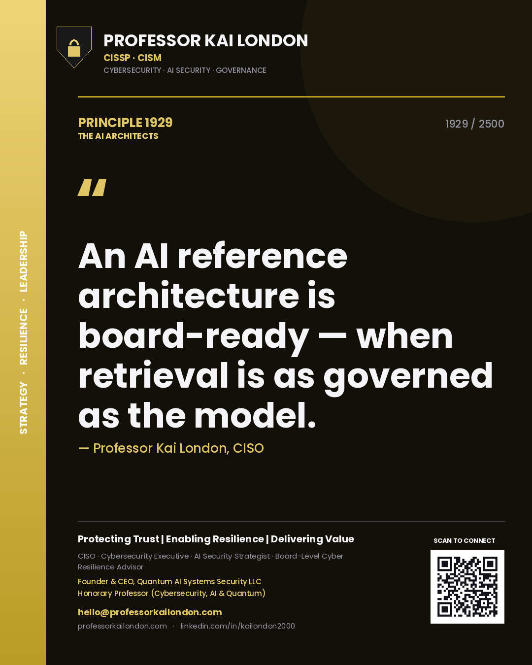 Quote card by Professor Kai London reading 'An AI reference architecture is board-ready — when retrieval is as governed as the model.'. From the book The AI Architects.