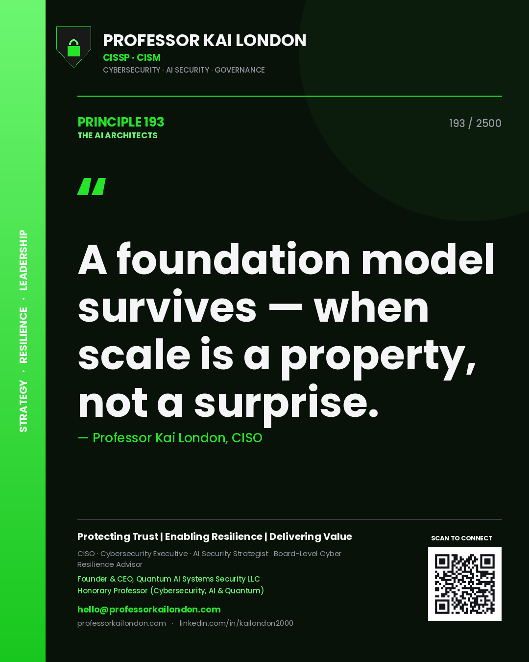 Quote card by Professor Kai London reading 'A foundation model survives — when scale is a property, not a surprise.'. From the book The AI Architects.