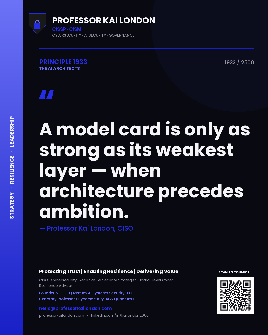 Quote card by Professor Kai London reading 'A model card is only as strong as its weakest layer — when architecture precedes ambition.'. From the book The AI Architects.