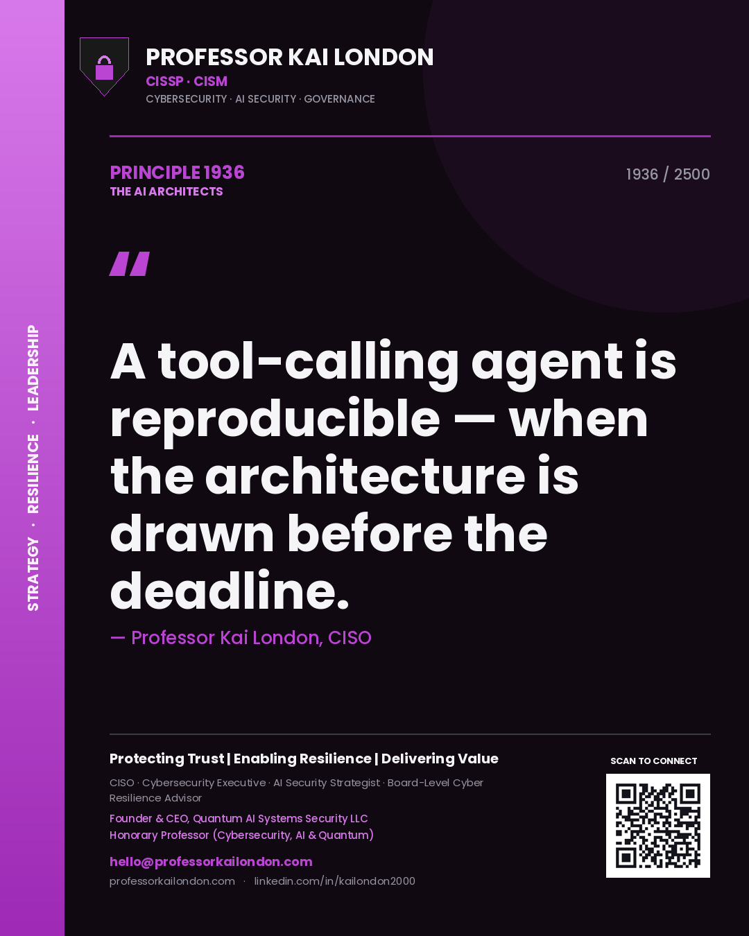 Quote card by Professor Kai London reading 'A tool-calling agent is reproducible — when the architecture is drawn before the deadline.'. From the book The AI Architects.