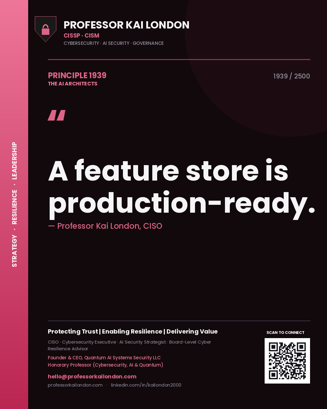 Quote card by Professor Kai London reading 'A feature store is production-ready.'. From the book The AI Architects.