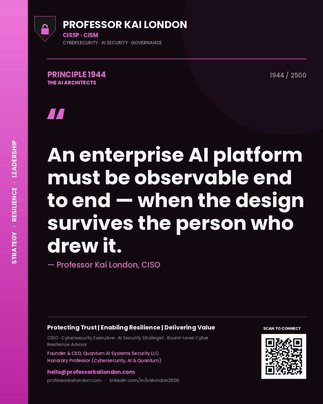 Quote card by Professor Kai London reading 'An enterprise AI platform must be observable end to end — when the design survives the person who drew it.'. From the book The AI Architects.