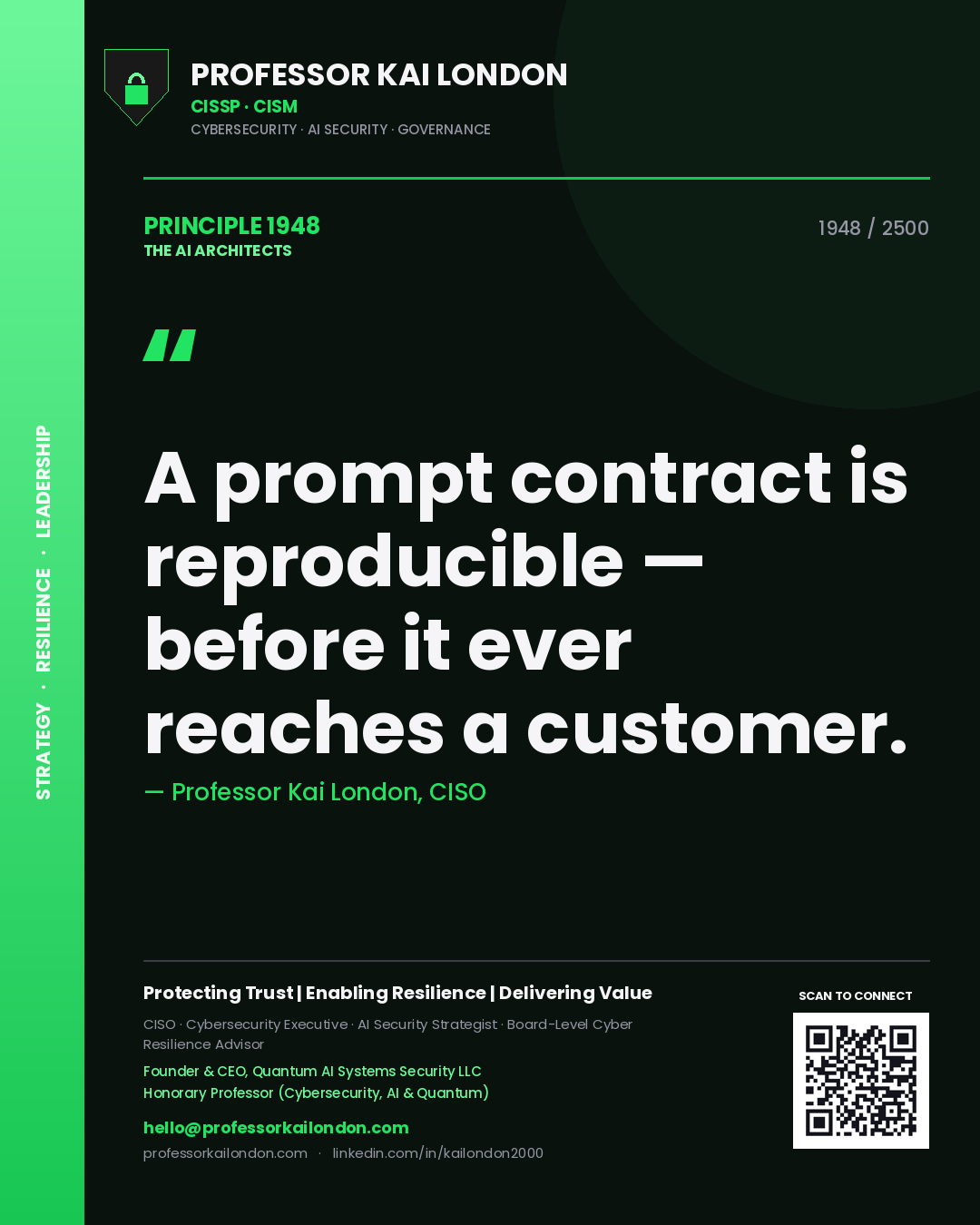 Quote card by Professor Kai London reading 'A prompt contract is reproducible — before it ever reaches a customer.'. From the book The AI Architects.