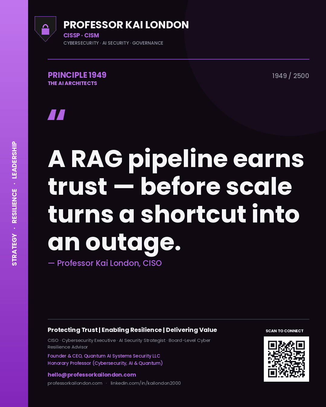 Quote card by Professor Kai London reading 'A RAG pipeline earns trust — before scale turns a shortcut into an outage.'. From the book The AI Architects.
