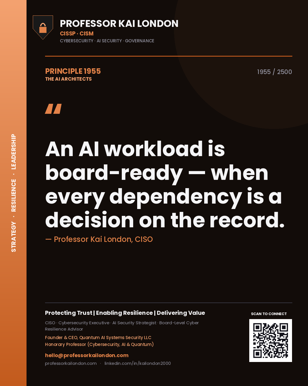 Quote card by Professor Kai London reading 'An AI workload is board-ready — when every dependency is a decision on the record.'. From the book The AI Architects.