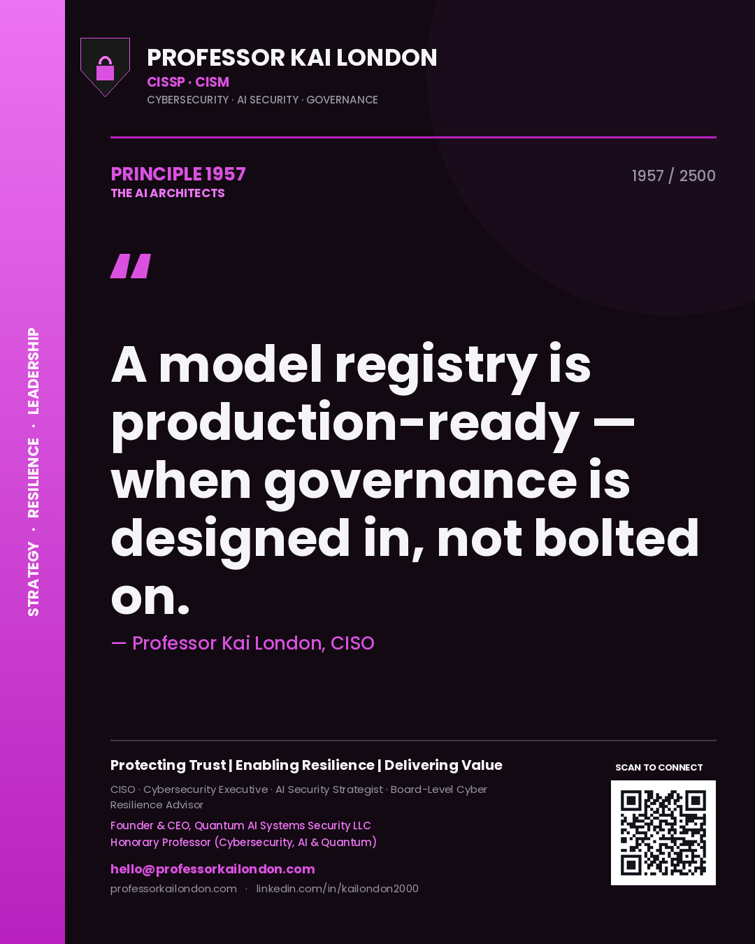 Quote card by Professor Kai London reading 'A model registry is production-ready — when governance is designed in, not bolted on.'. From the book The AI Architects.