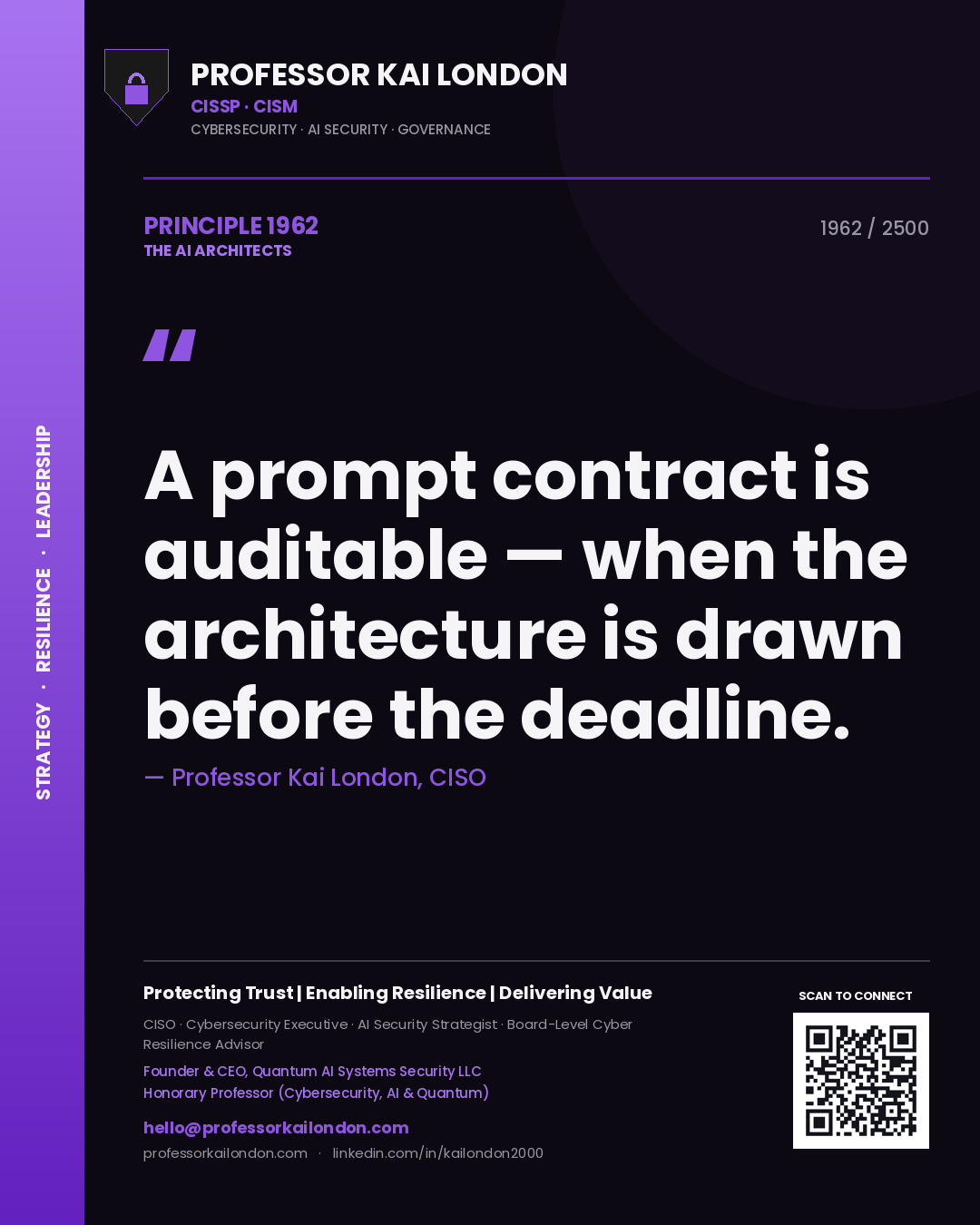 Quote card by Professor Kai London reading 'A prompt contract is auditable — when the architecture is drawn before the deadline.'. From the book The AI Architects.