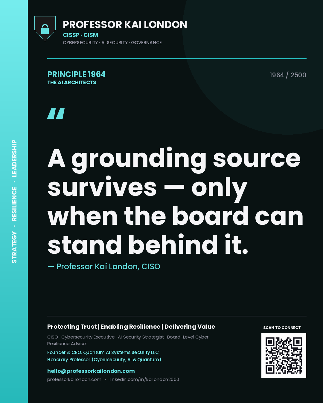 Quote card by Professor Kai London reading 'A grounding source survives — only when the board can stand behind it.'. From the book The AI Architects.