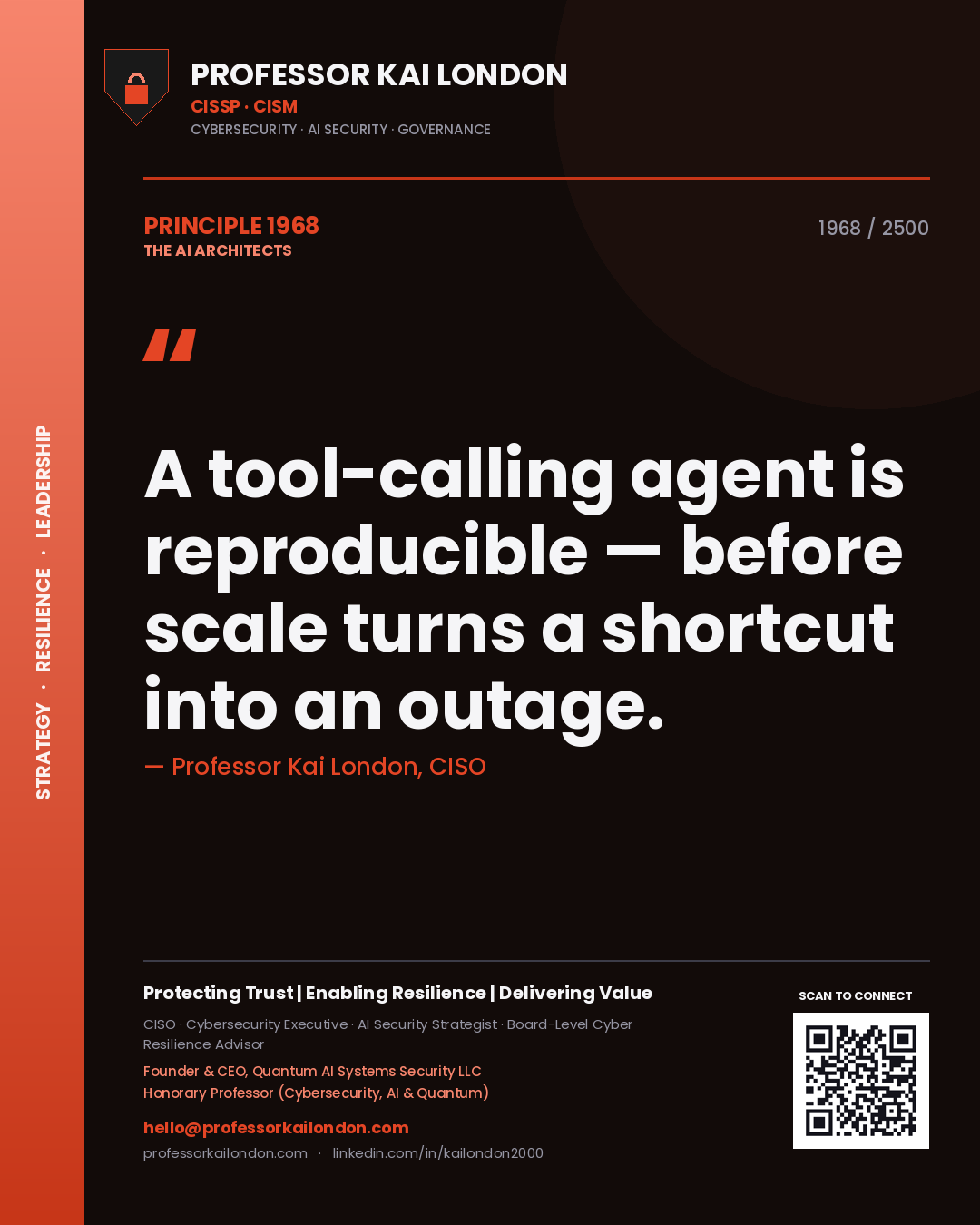Quote card by Professor Kai London reading 'A tool-calling agent is reproducible — before scale turns a shortcut into an outage.'. From the book The AI Architects.