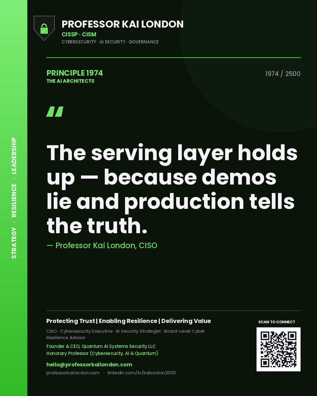 Quote card by Professor Kai London reading 'The serving layer holds up — because demos lie and production tells the truth.'. From the book The AI Architects.