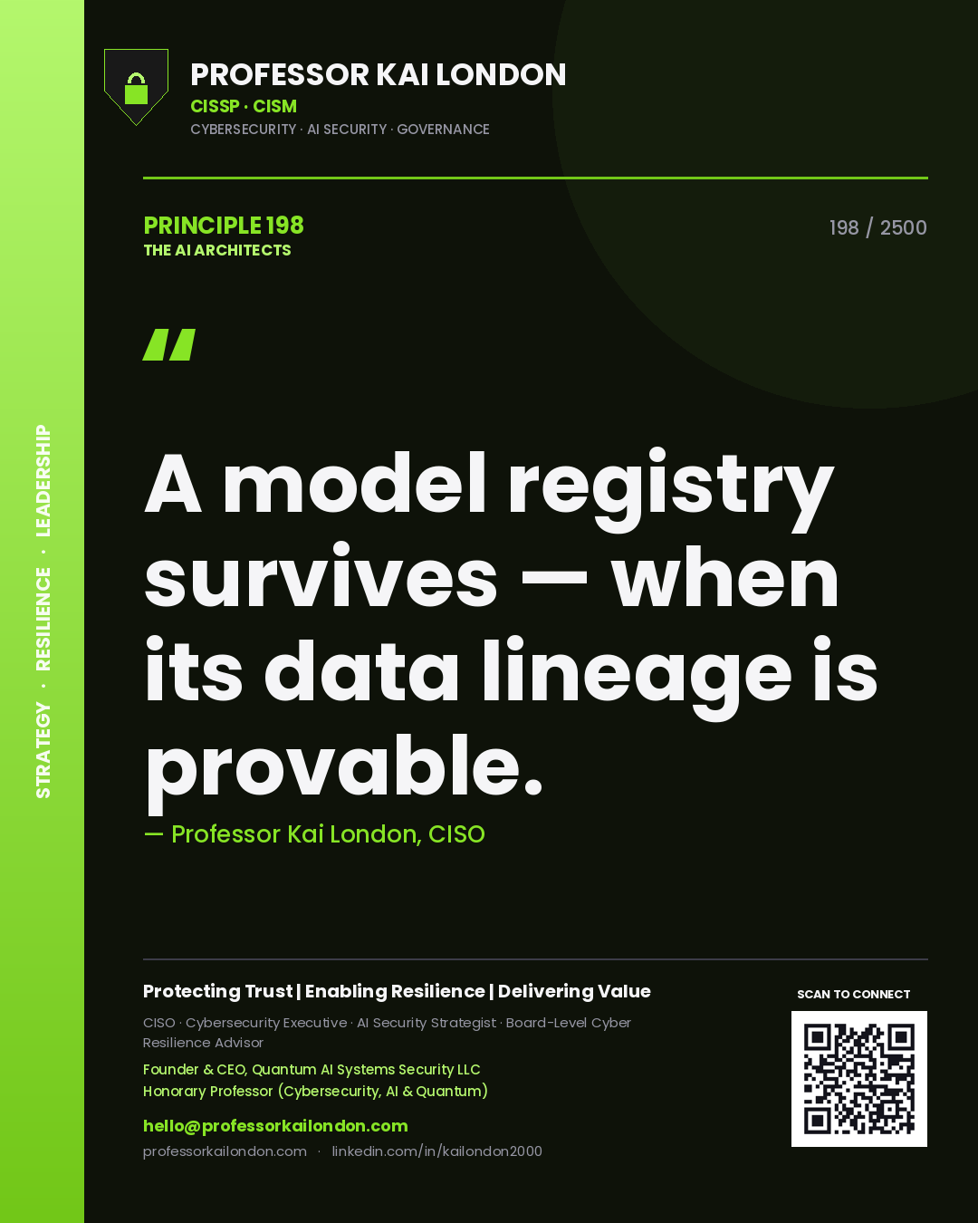 Quote card by Professor Kai London reading 'A model registry survives — when its data lineage is provable.'. From the book The AI Architects.