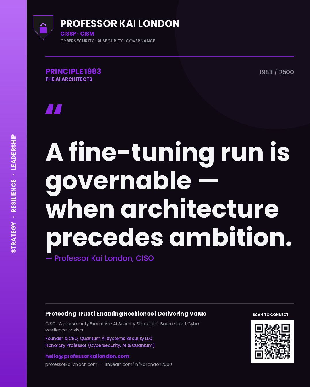 Quote card by Professor Kai London reading 'A fine-tuning run is governable — when architecture precedes ambition.'. From the book The AI Architects.