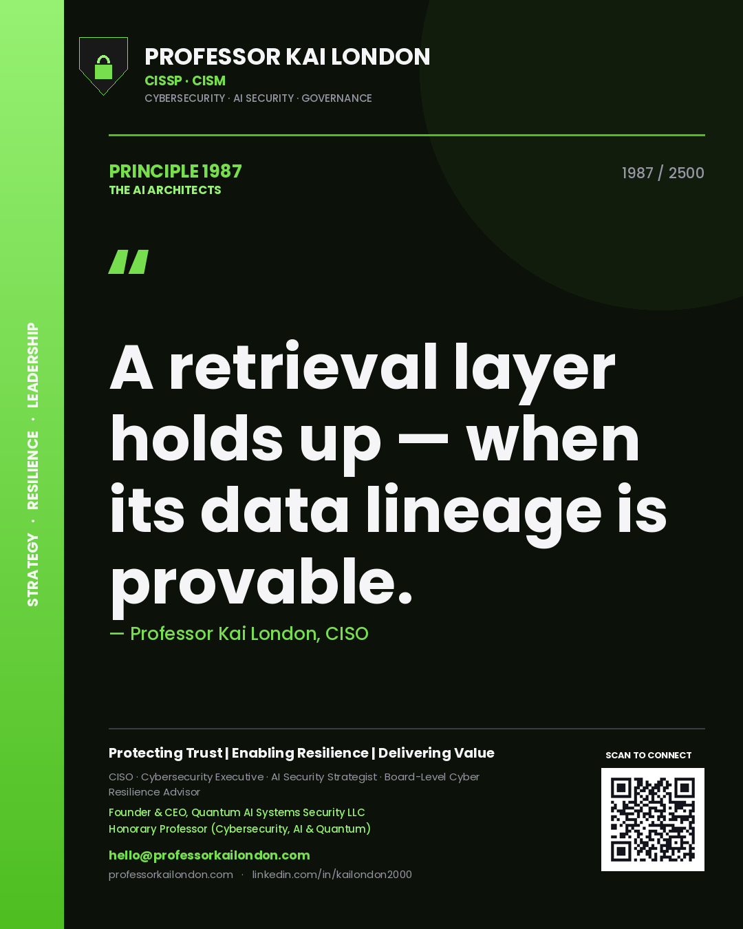 Quote card by Professor Kai London reading 'A retrieval layer holds up — when its data lineage is provable.'. From the book The AI Architects.