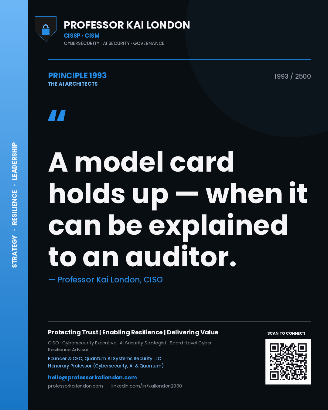 Quote card by Professor Kai London reading 'A model card holds up — when it can be explained to an auditor.'. From the book The AI Architects.