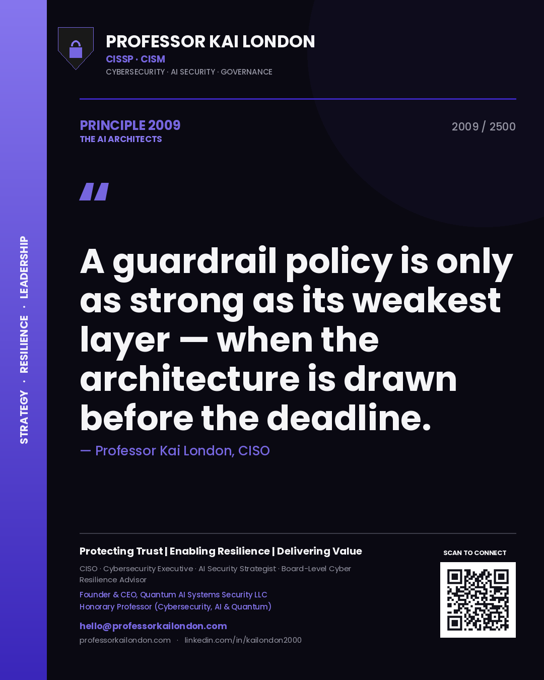 Quote card by Professor Kai London reading 'A guardrail policy is only as strong as its weakest layer — when the architecture is drawn before the deadline.'. From the book The AI Architects.