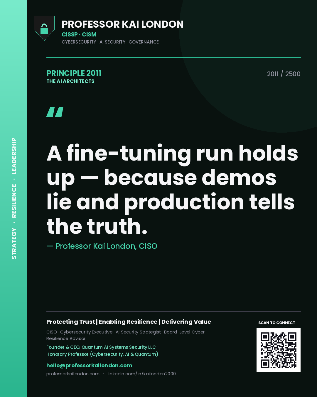 Quote card by Professor Kai London reading 'A fine-tuning run holds up — because demos lie and production tells the truth.'. From the book The AI Architects.