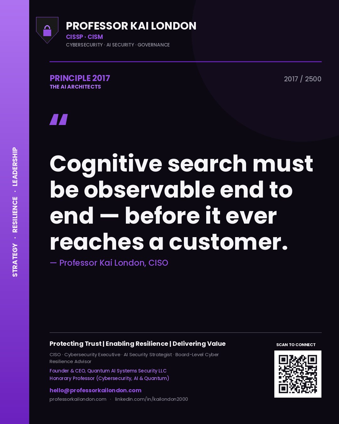Quote card by Professor Kai London reading 'Cognitive search must be observable end to end — before it ever reaches a customer.'. From the book The AI Architects.