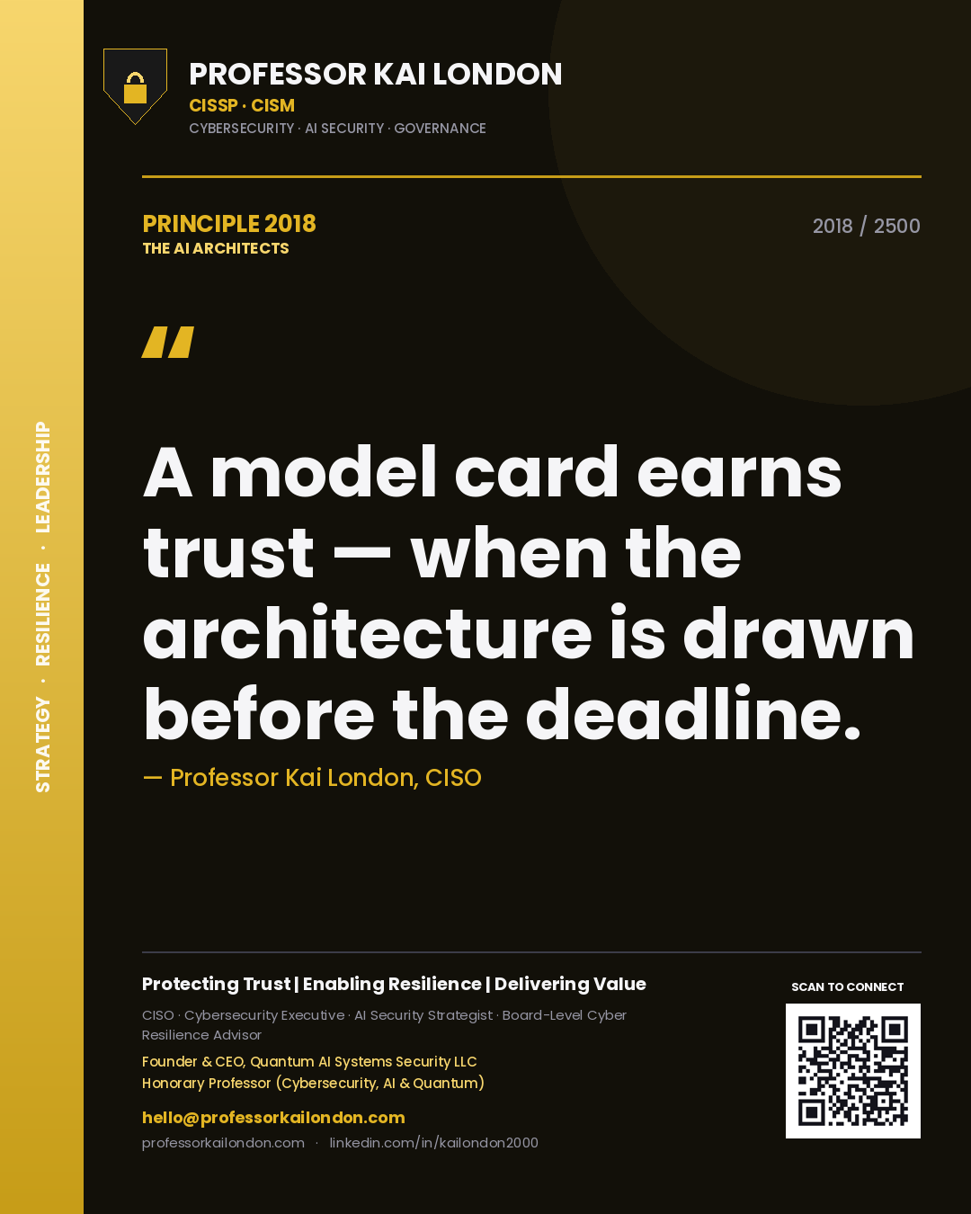 Quote card by Professor Kai London reading 'A model card earns trust — when the architecture is drawn before the deadline.'. From the book The AI Architects.