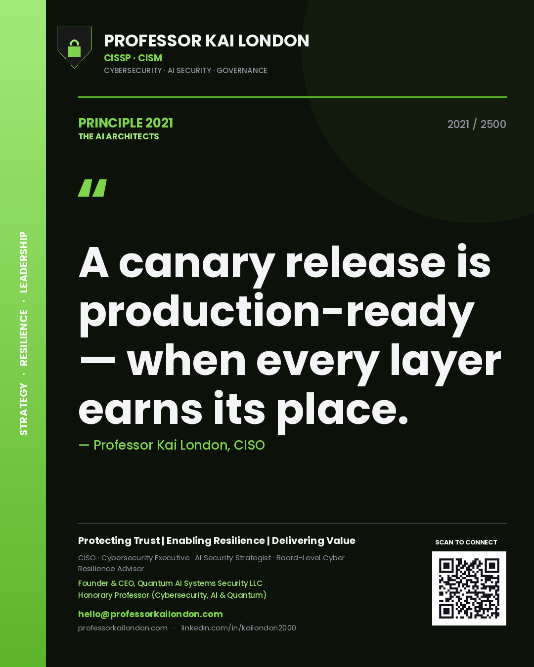 Quote card by Professor Kai London reading 'A canary release is production-ready — when every layer earns its place.'. From the book The AI Architects.