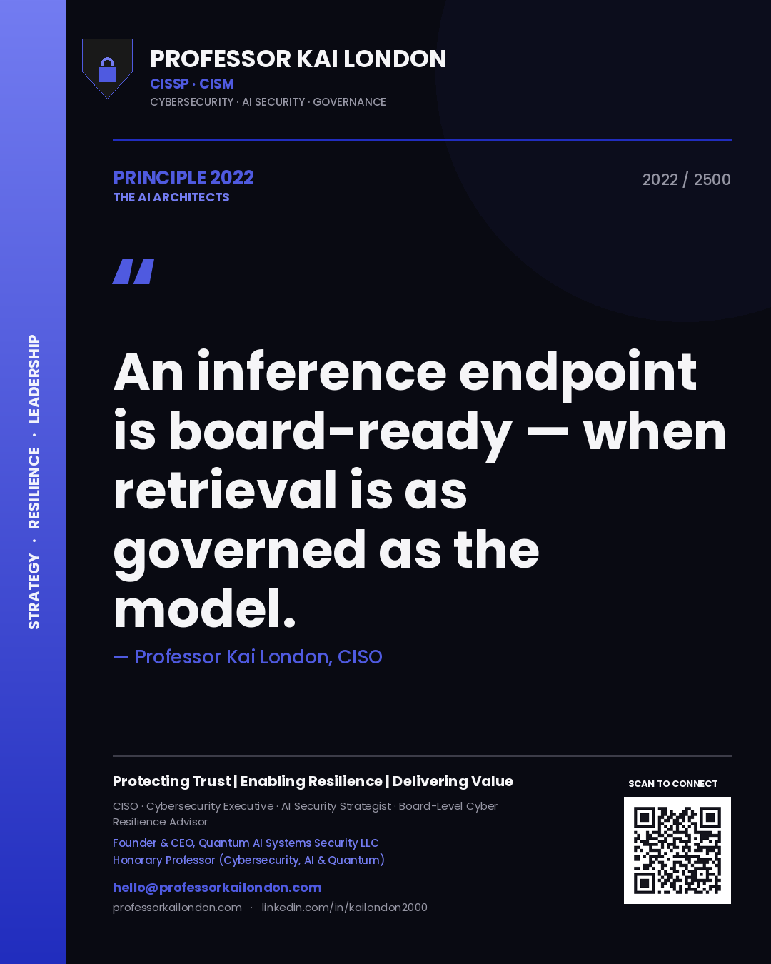 Quote card by Professor Kai London reading 'An inference endpoint is board-ready — when retrieval is as governed as the model.'. From the book The AI Architects.