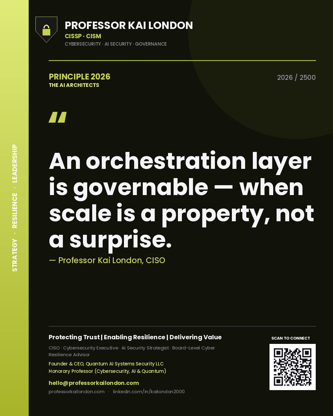 Quote card by Professor Kai London reading 'An orchestration layer is governable — when scale is a property, not a surprise.'. From the book The AI Architects.