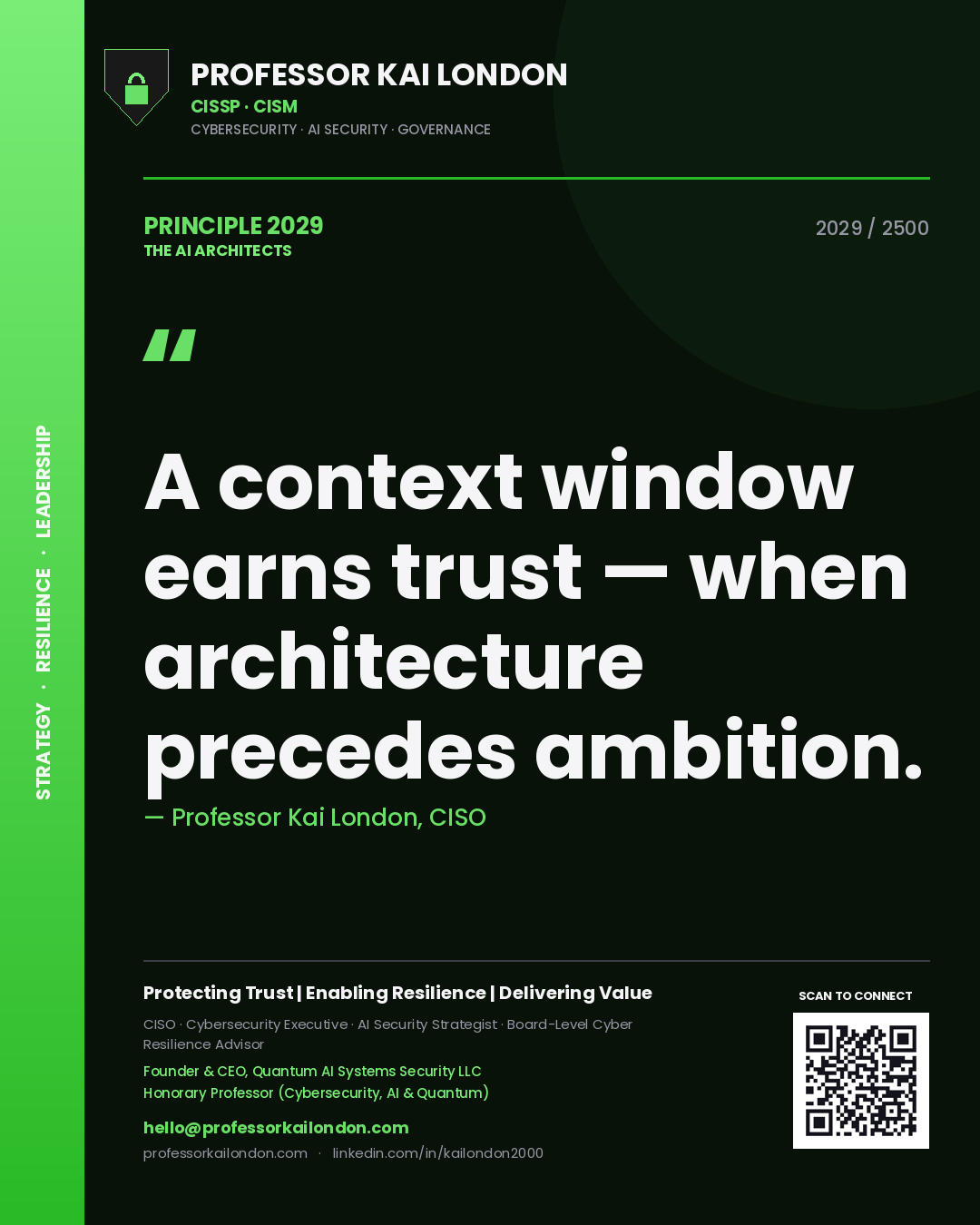 Quote card by Professor Kai London reading 'A context window earns trust — when architecture precedes ambition.'. From the book The AI Architects.