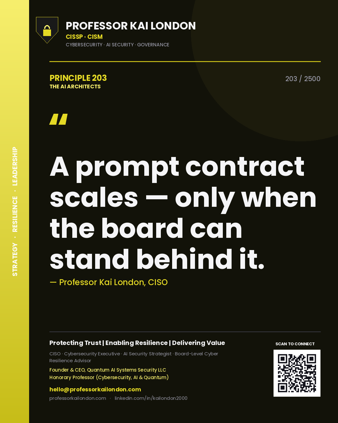 Quote card by Professor Kai London reading 'A prompt contract scales — only when the board can stand behind it.'. From the book The AI Architects.